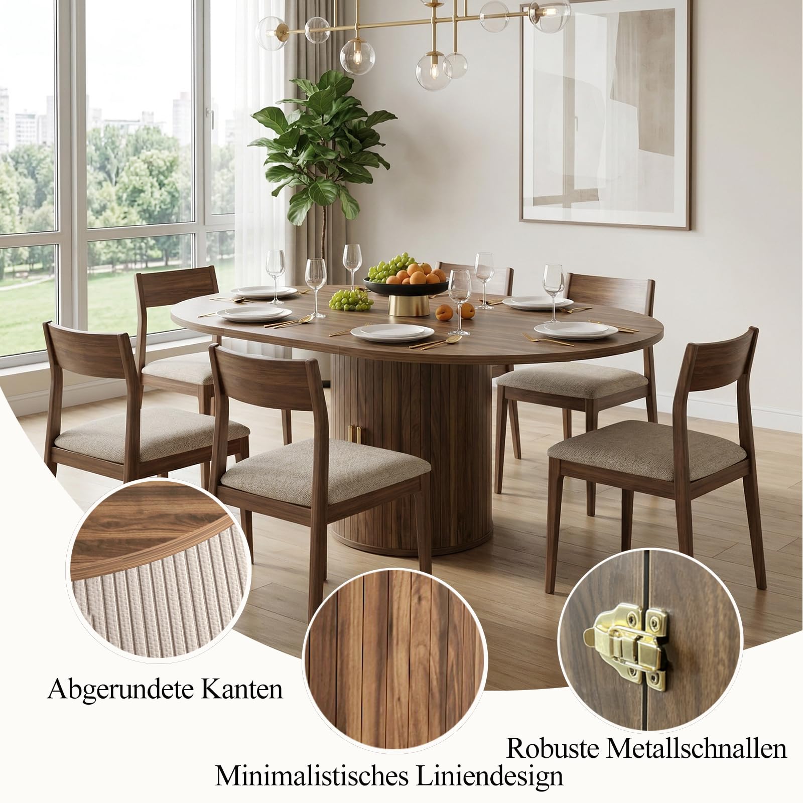 Runder Esstisch Ausziehbar,Holz Küchentisch für 4–6 Personen | Moderner Esszimmertisch mit zylindrischem Sockel,Walnussbraun (nur Tisch)