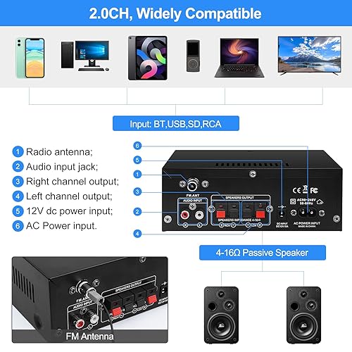 Miniatura 6 de AK45 Bluetooth 5.0 Amplificador de potencia 2.0CH 40W x 2 Salida Max 400W Subwoofer Amplificador de audio de alta fidelidad Receptor de amplificador