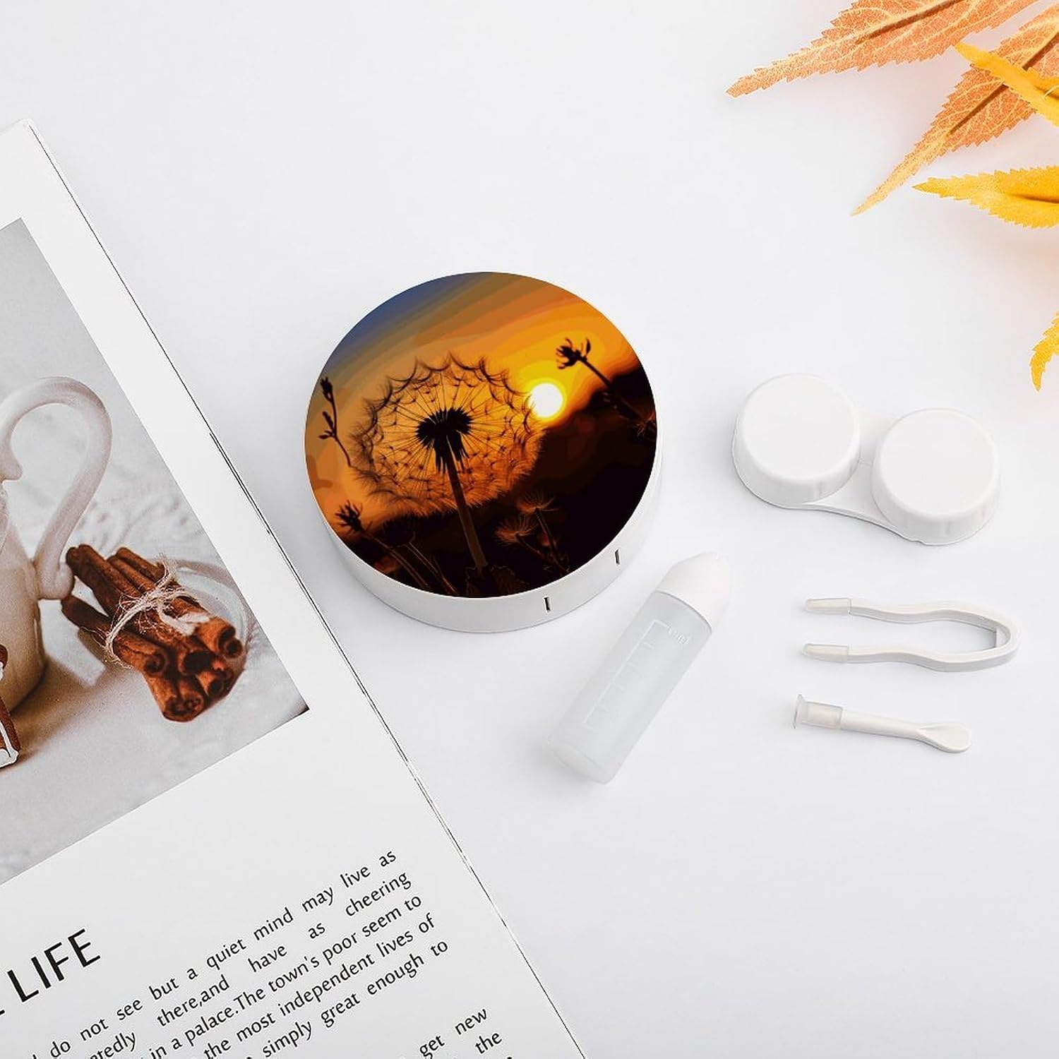 Sunset Dandelion Contact Lens Case with Cleaner Washer Portable Contact Lens Holder Box with Mirror Tweezers Remover Tool Solution Bottle for Daily Makeup Office