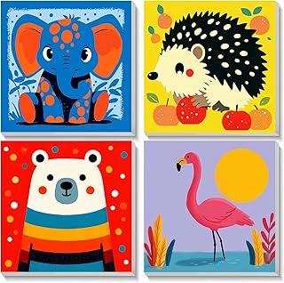 TOSTOG 4 Pack Paint by Number for Kids with Wooden Frame, DIY Animal Paint by Numbers for Kids Ages 4-8, Cute Animal Acrylic Oil Painting Kits Easy Paint by Number for Home Wall Decor 8in X 8in