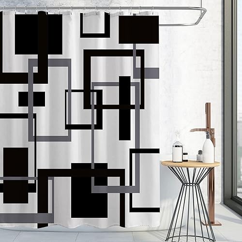 Gibelle Geometric Fabric Shower Curtain Set, Abstract Mid Century Modern Minimalist Waterproof Shower Curtain for Bathroom Decor, 72 x 72, Black and White Black Grey