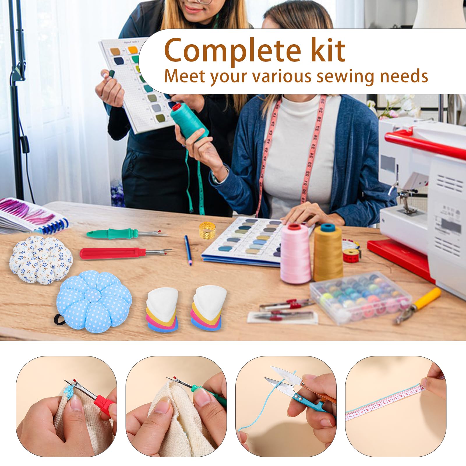 Kit de cojín de alfiler de costura, cojines de aguja para coser, cojín de aguja con 150 pines de coser, 50 agujas de coser, 10 tizas de sastres, desgarradores de costuras, tijeras y cinta métrica