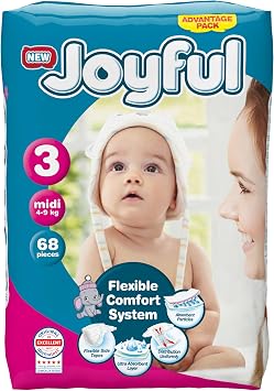 Joyful Size 3 Midi Baby Nappies Pack of 68 4-9KG | Single Pack | Gentle Skin Protection | Recyclable Packaging