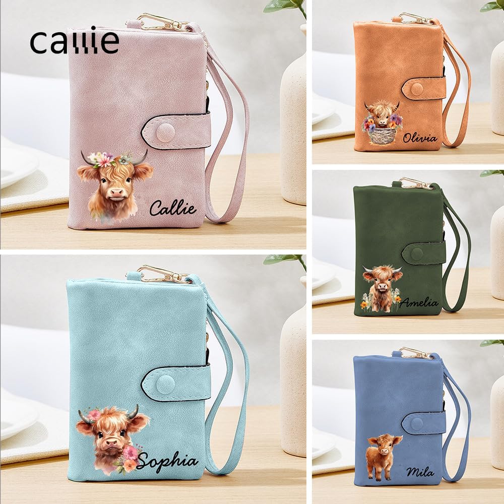 callie Personalized Highland Cow Leather Wallet for Women Girls, Gifts for Highland Cow Lovers, Multicolor