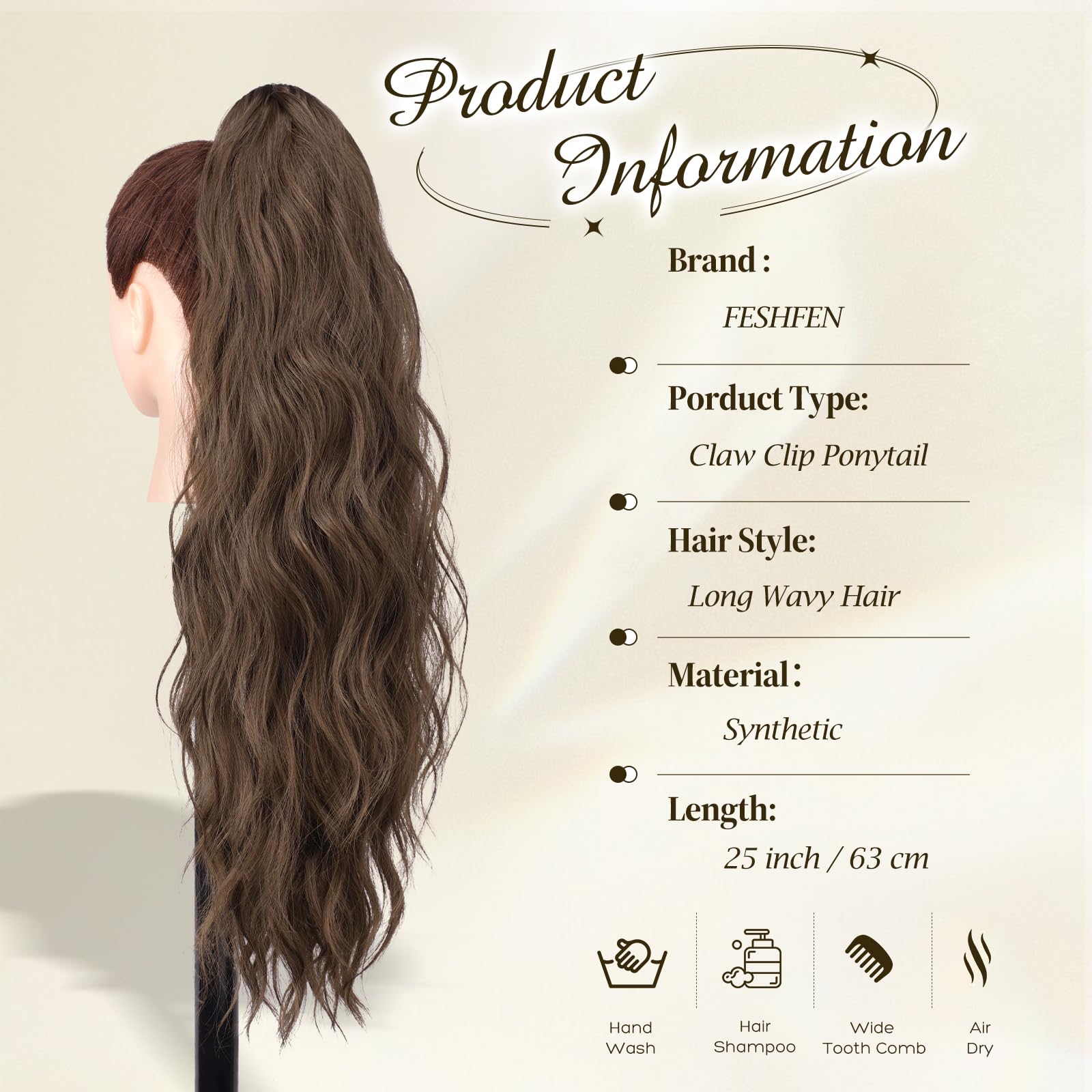 FESHFEN Extension Queue de Cheval avec Pince - Postiche Cheveux Naturel Ondulé Longue Ponytail Extensions Synthétique Fausse Rajout Postiches pour Femmes, 63 cm Châtain