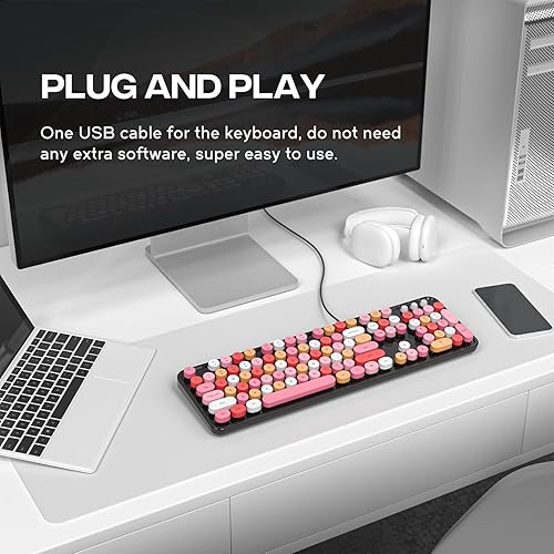 Miniatura 3 de Atelus Teclado de computadora con cable USB, teclado retro de máquina de escribir, teclado de oficina de tamaño completo con teclado numérico,