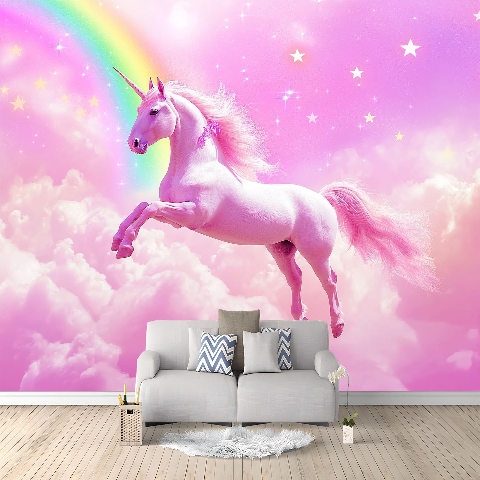 Tapeta ścienna z kreskówki, jednorożec, tęcza, gwiazdy, fototapeta, anime, tapeta z włókniny, dekoracja ścienna, 350 x 256 cm, tapeta z efektem 3D, plakat panoramiczny do sypialni, salonu, pokoju