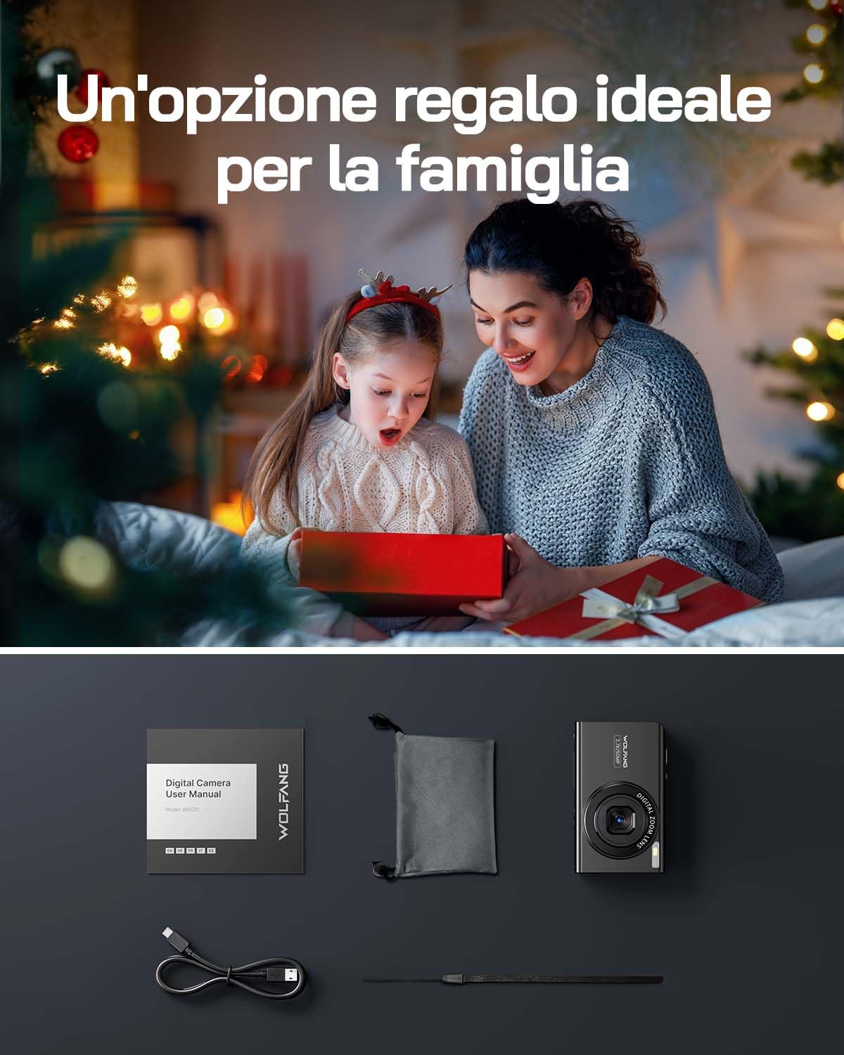 WOLFANG Fotocamera digitale, fotocamera per bambini da 2,7K, fotocamera compatta da 50MP, videocamera con zoom digitale 16x, zoom e scatto automatico, regalo per ragazzi