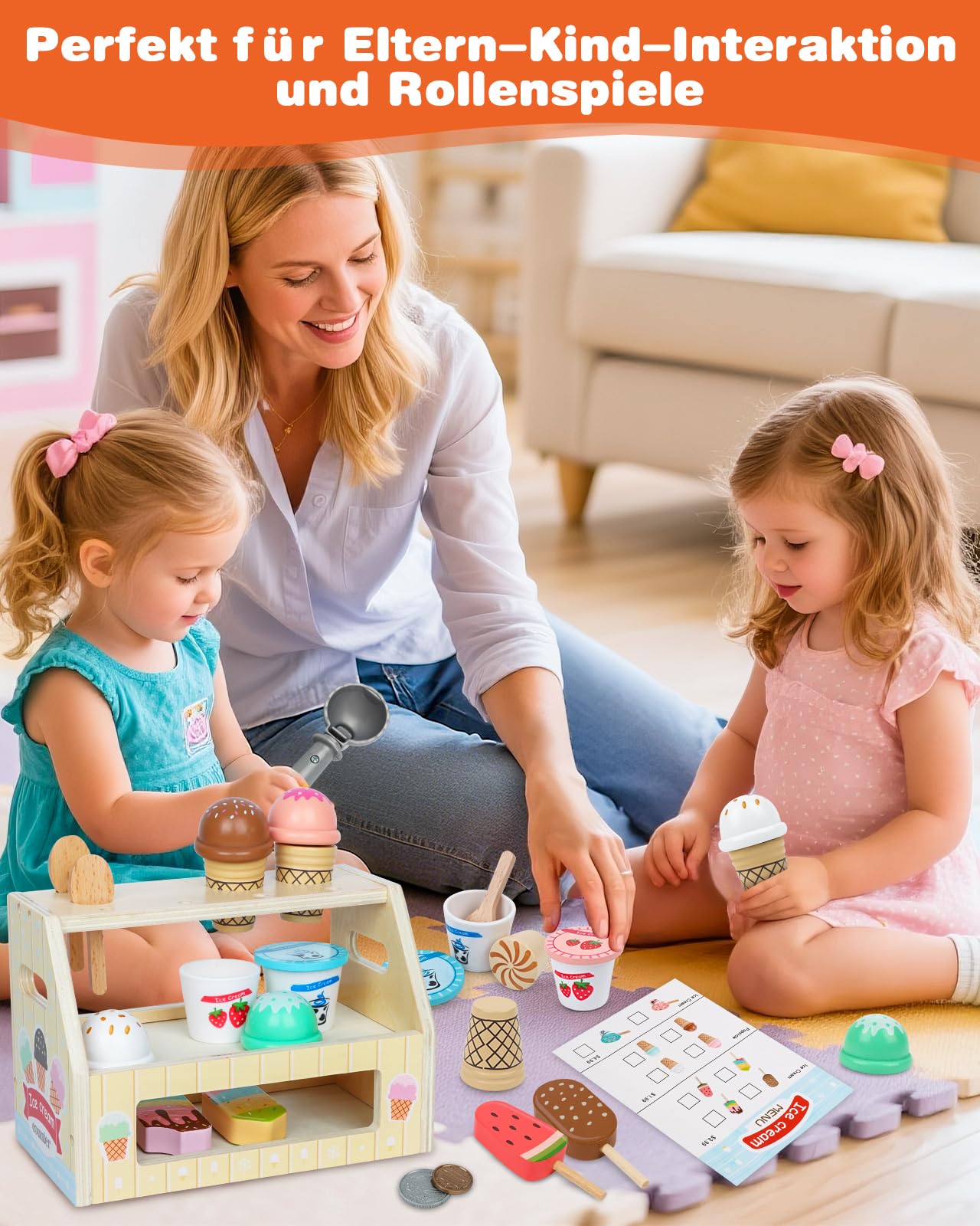 KidMigo Eisdiele Kinder Holz – 36-teiliges Eisladen Spielzeug mit Eisstand, Holz Eisdiele ab 3 Jahre, EIS Spielzeug für Kinder, Kaufladen Zubehör Kinderküche