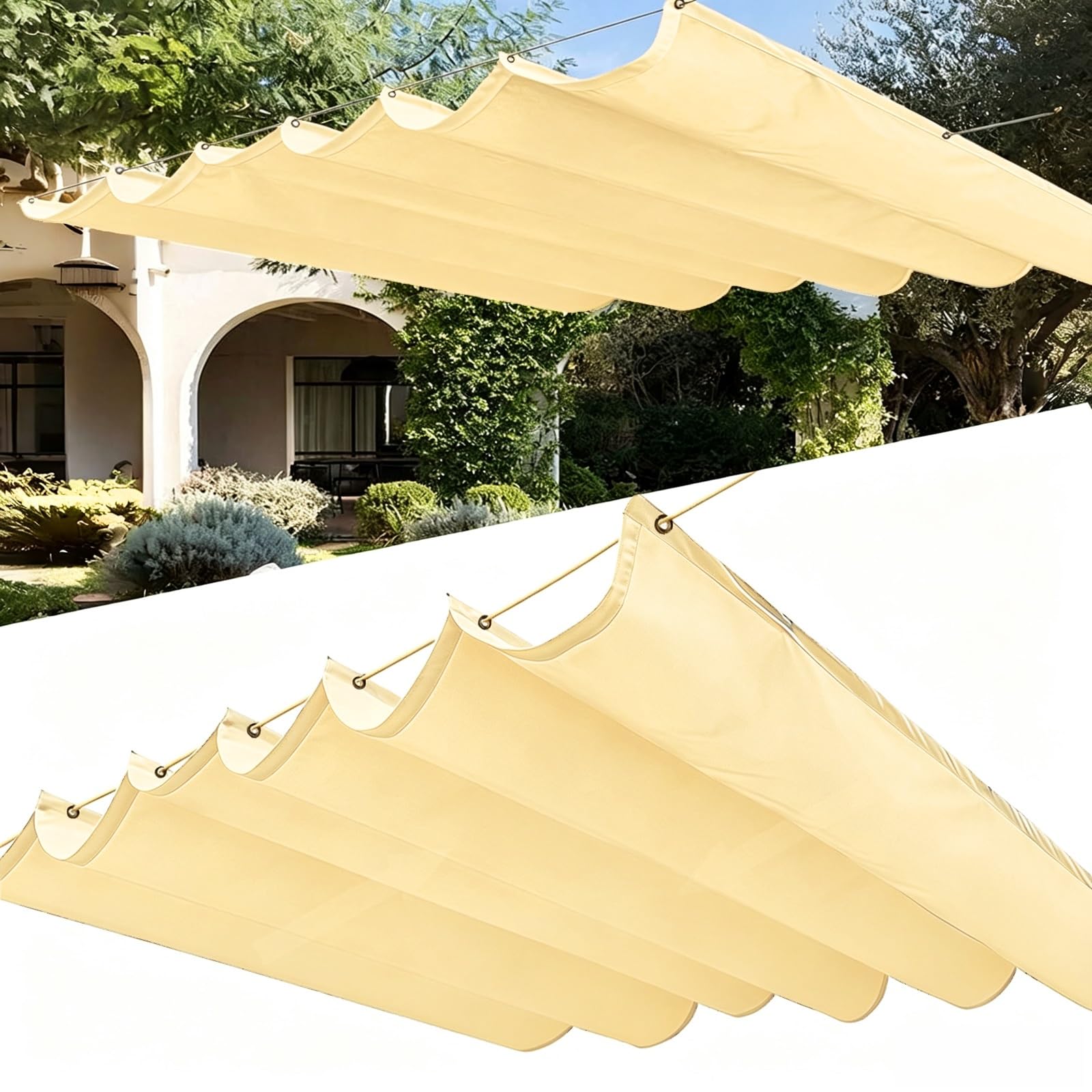 Toldo Retráctil con Onda 100 x 550 cm con Ojales y Cuerda, Vela Sombra Impermeable y Rectangular con Bloqueo UV y Resistencia a Desgarros para Jardín Porche Patio Barbacoa, Amarillo Arena