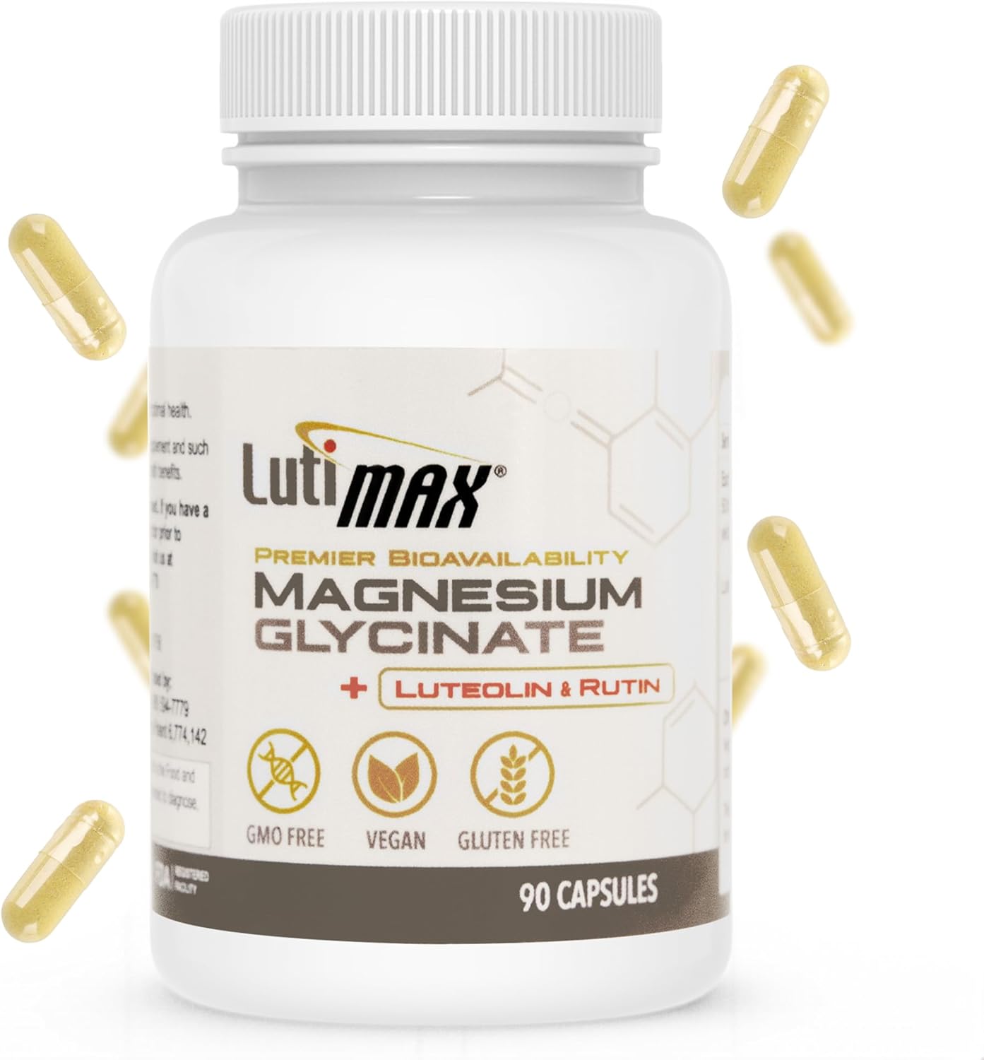 Lutimax Magnesium Glycinate 500mg w/Premium Luteolin & Rutin Blend - 100mg Elemental Magnesium for Stress, Calm, Relaxation, & Sleep Support - Vegan, Non-GMO, Gluten Free, & Made in USA - 90 Capsules