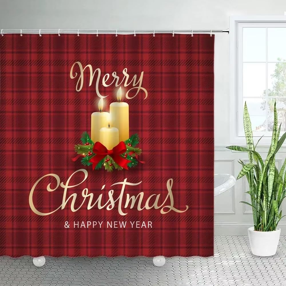 Cortina de Ducha Navideña A Cuadros Rojos,con Velas Doradas y Estampado de Corona. Tela Lavable para Decoración de Baño. Cortina de Baño con Temática Navideña y Mensaje de Feliz Año Nuevo con
