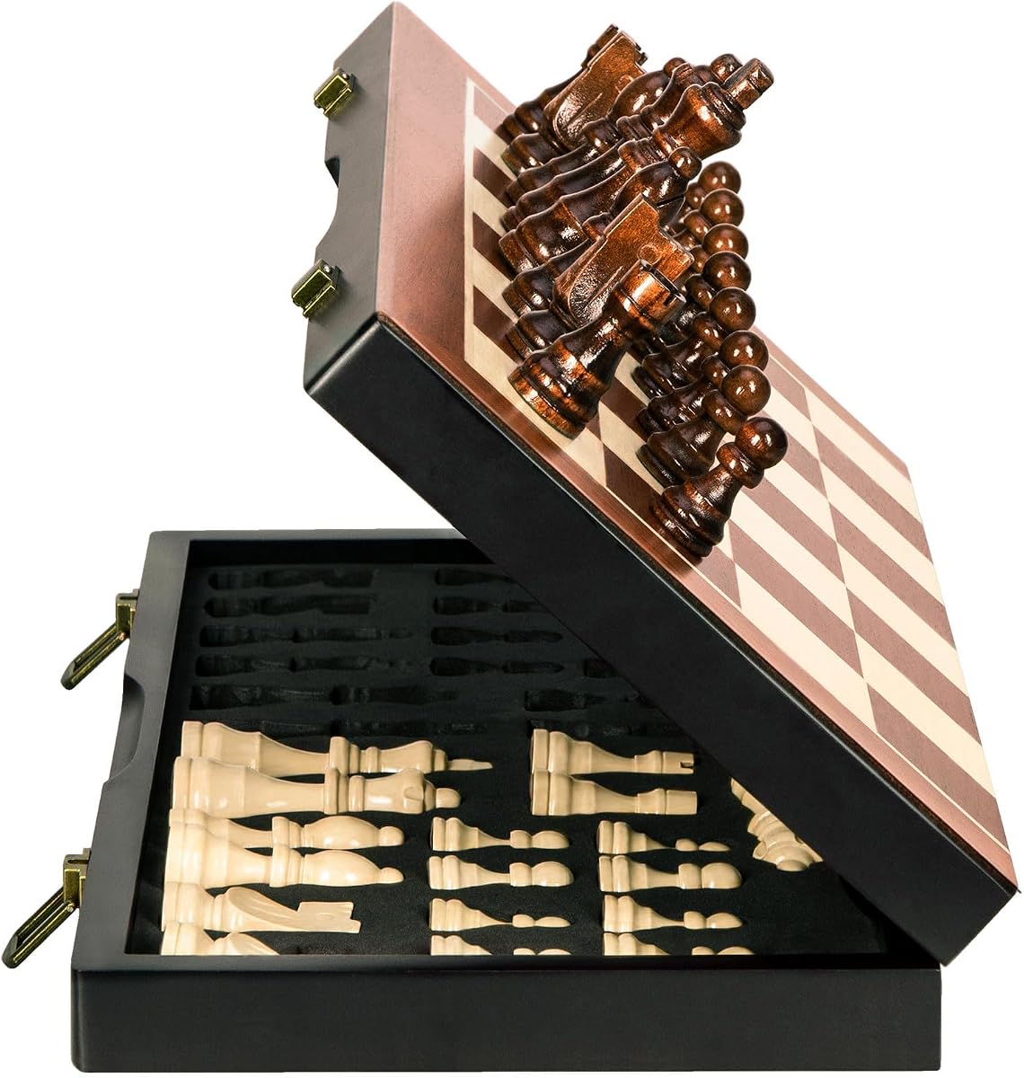 Ajedrez Juego de ajedrez magnético de madera de 15 pulgadas, juego de mesa de ajedrez único con ranuras de almacenamiento de piezas de ajedrez, juegos de ajedrez de viaje plegables portátiles para torneos para niños, adultos, principiantes y profesionales, 2 reinas adicionales