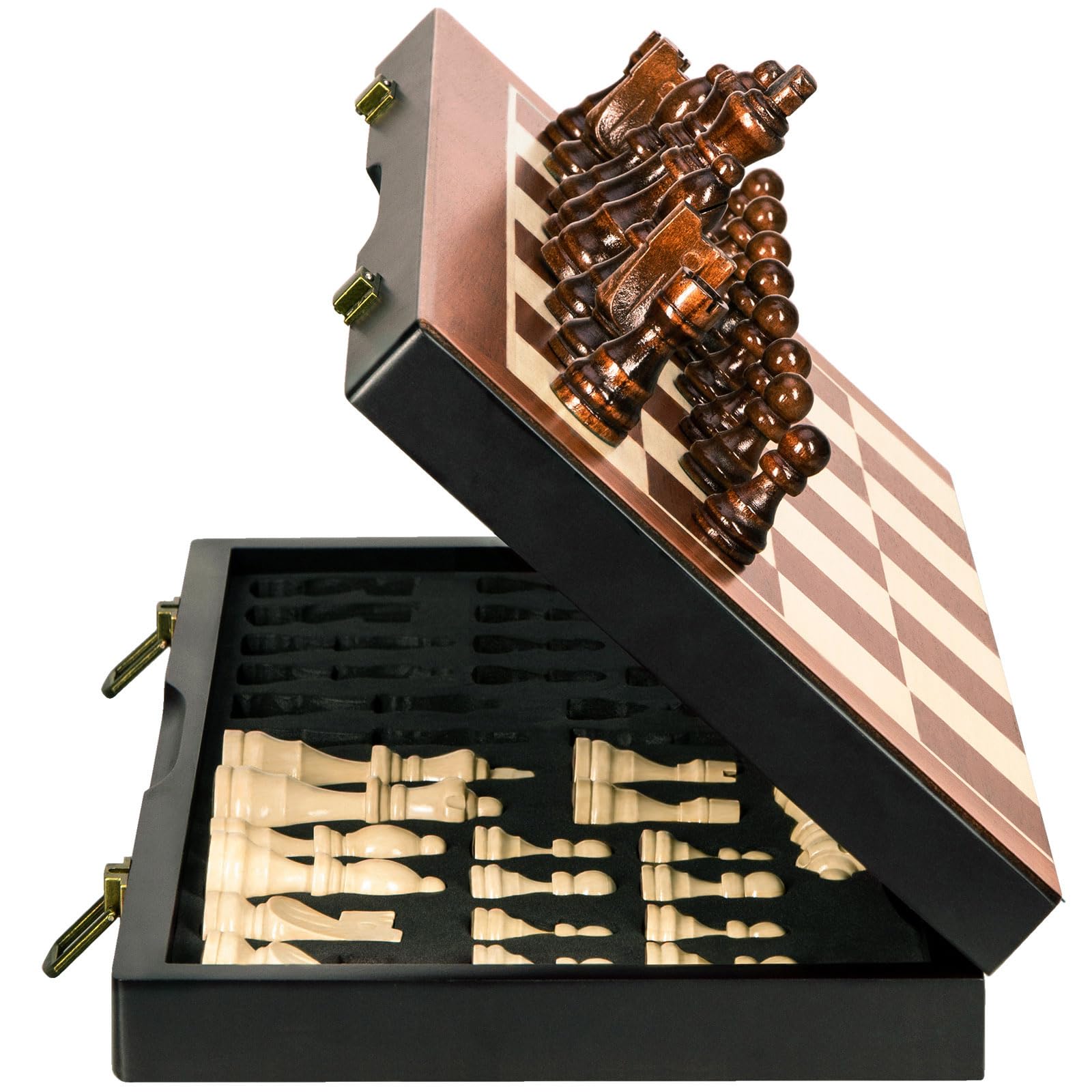 BIVOMON Chess Magnetic Wooden Chess Set 15" Unique Chess Board Game with Chess Pieces Storage Slots, Tournament Portable Folding Travel Chess Sets for Kids Adults Beginner and Pros, 2 Extra Queens