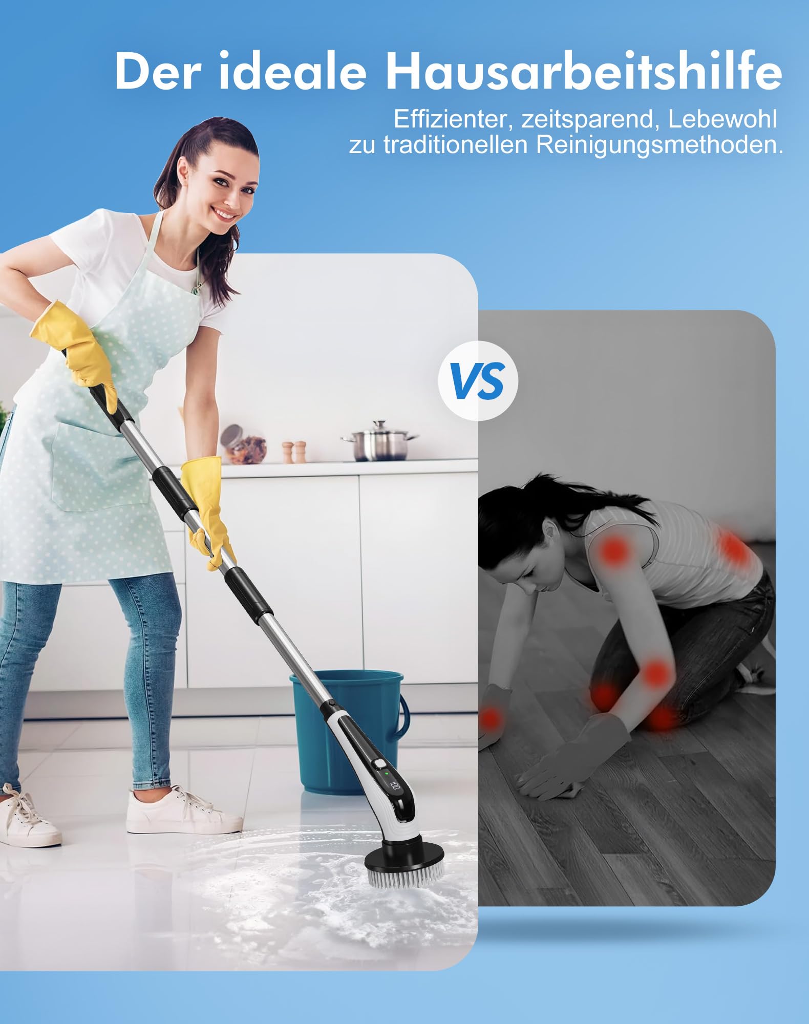 Elektrische Reinigungsbürste mit 9 Wechselbürsten, IPX8 Wasserdicht, 2 Geschwindigkeiten, Teleskopgriff 30–107 cm, 3000mAh Akku Elektrische Bürste zum Putzen für Bad,Küche,Auto,Boden,Fliesen