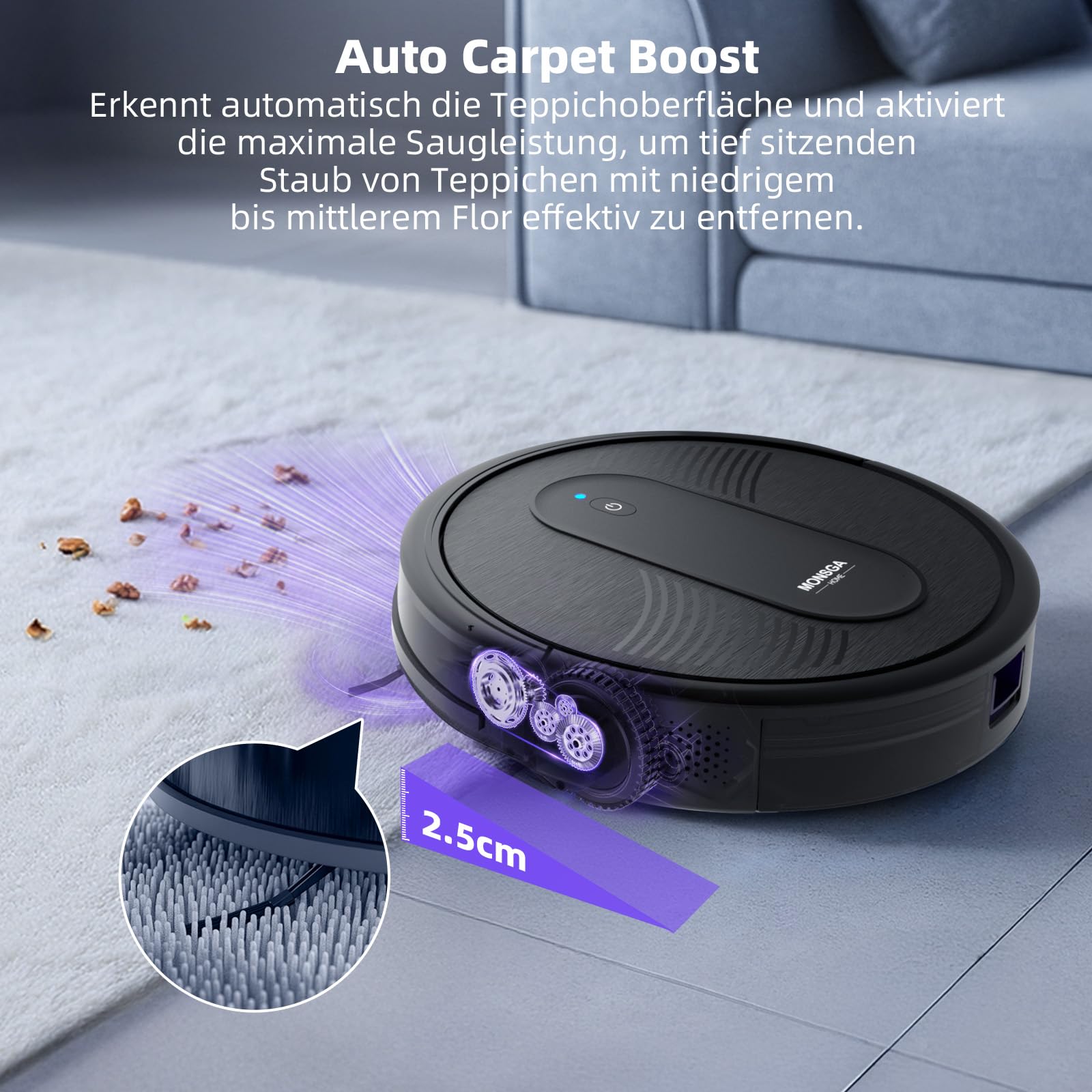 MONSGA Saugroboter mit Wischfunktion 4000PA, Saug und Wischroboter 3 in 1,140Min Laufzeit, 2 Bürsten,Staubsauger Roboter mit Auto-Teppich-Boost für Tierhaare Teppich Böden, APP Steuerung