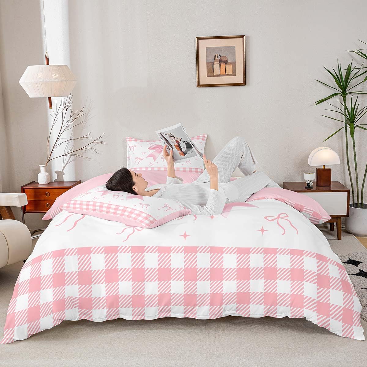 Homemissing White Pink Bowknot Duvet Cover Set King Size For Kids Girls Teens Bedroom Bow Ribbon Bedding Set Cute Plaid Bow Comforter Cover with 2 Pillowcases - Image 3