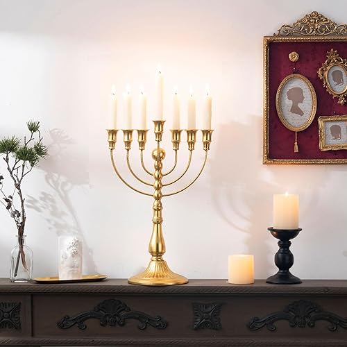Miniatura 9 de Hanukkah Menorah 7 ramas, portavelas decorativo de menorás para Janucá, juego de 1 candelero de 7 brazos (dorado)