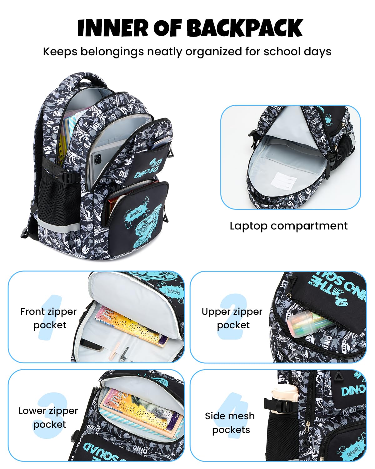 Amythe Cartable École Garçons Classes de 1 à 4 Lumineux Voyage, Dinosaure | Grand Réfléchissant Compartiment Laptop Dinosaure Daypack Multi-Poches Spacieux Robuste pour École Randonnée