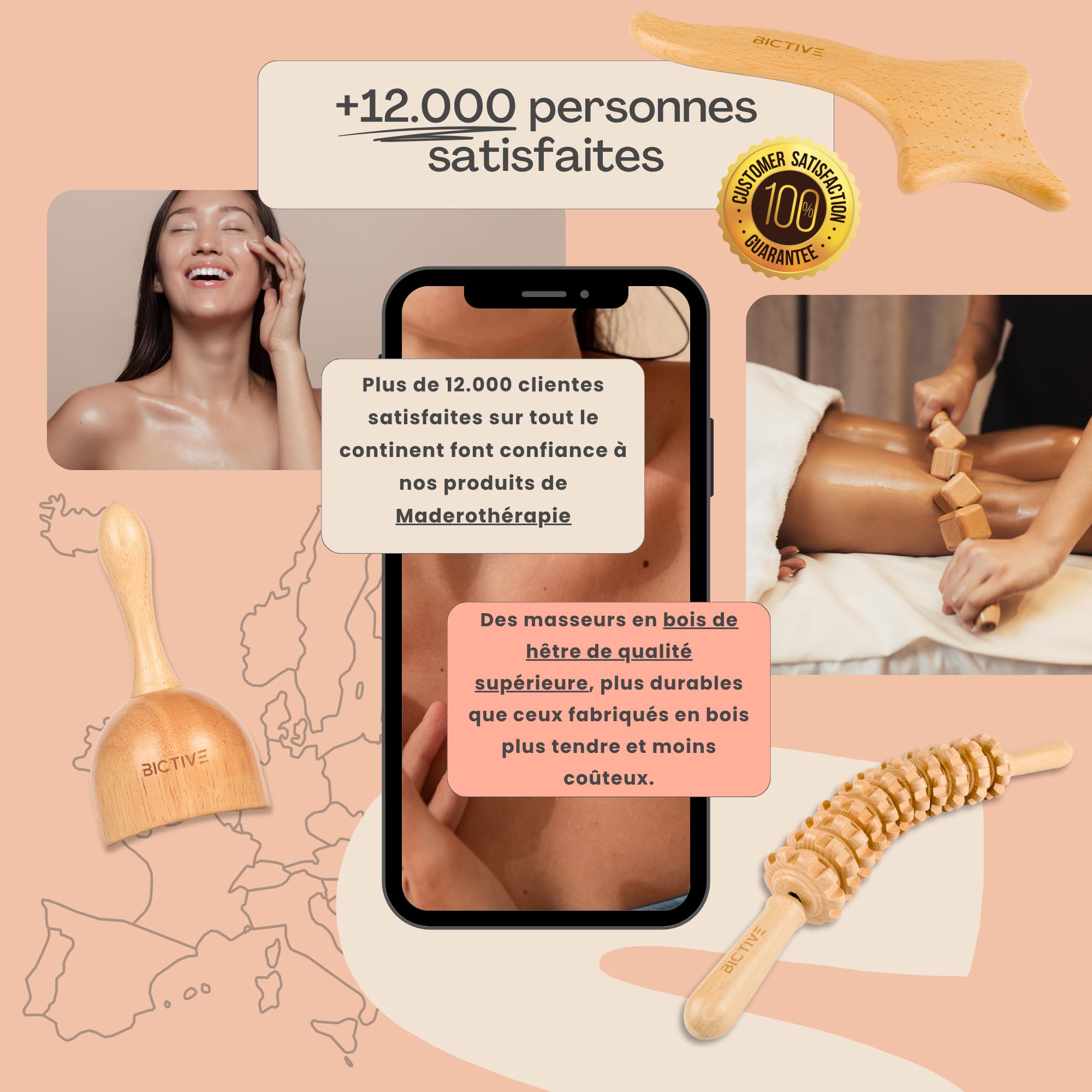 Kit Maderotherapie 4 en 1 et Sac. Kit Massage Bois Professionnelle. Masseur Anti Cellulite et Drainage Lymphatique. Kit Complet. Rouleau de Massage pour le Corps et les Jambes. Bois de Hêtre