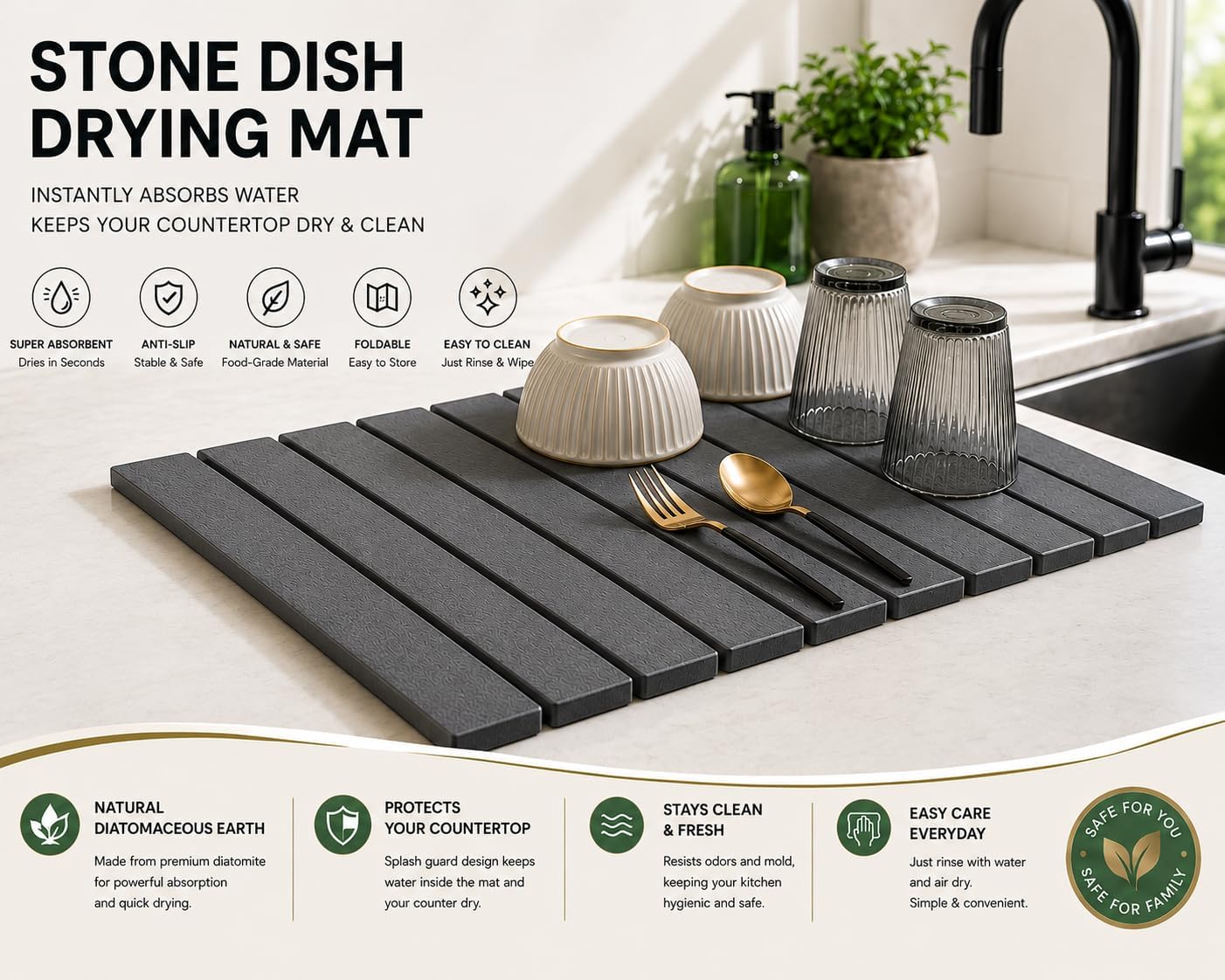 Stone Dish Drying Mat for Kitchen with Sink Splash Guard Counter, Foldable Quick Dry Dish Drying Mats, Absorbent Diatomaceous Earth Stone Drying Mats for Plate Rack Bottles Cups (Gray, 18"L×12"W)