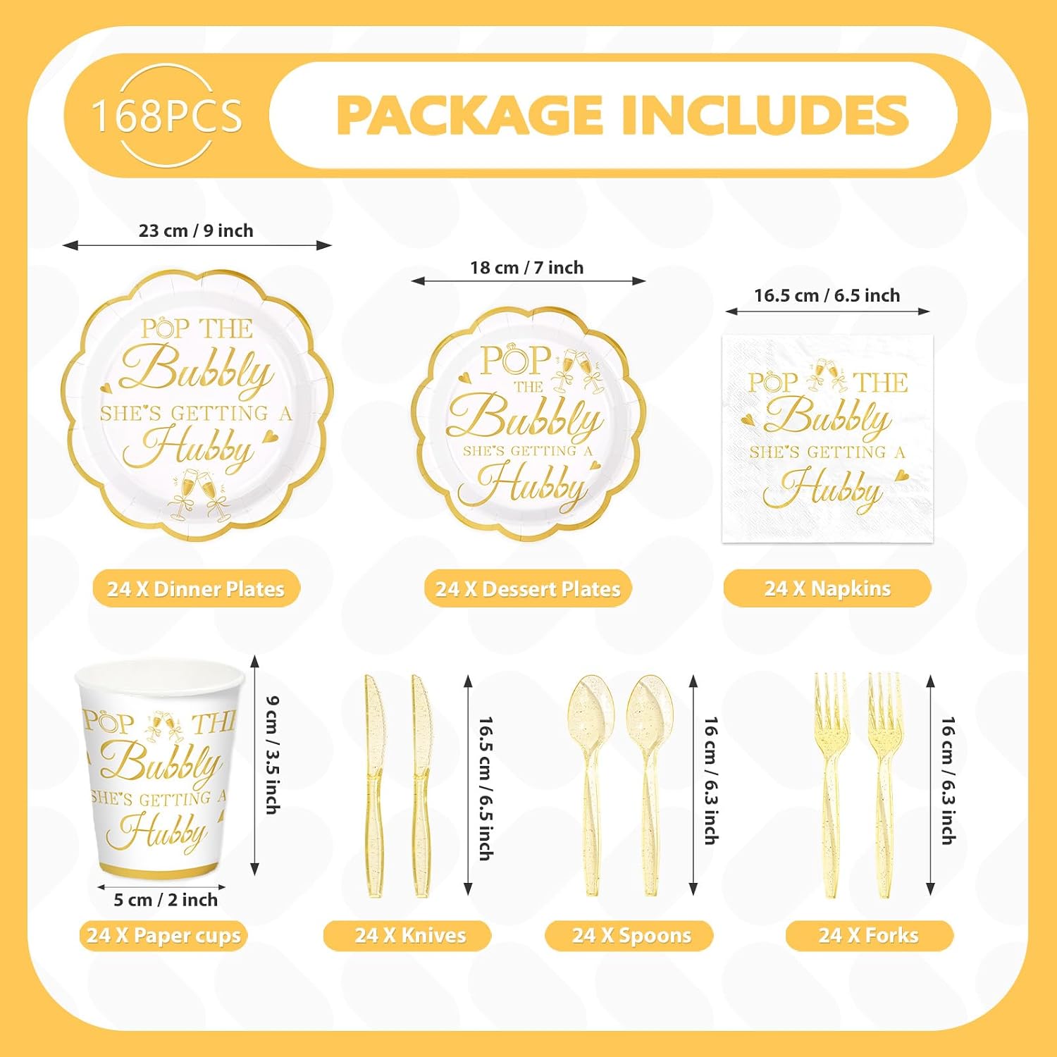 168Pcs Pop The Bubbly She's Getting a Hubby Party Decorations White Gold Scalloped Plates Napkins Cups Forks Knives Spoons for Bachelorette Bridal Shower Wedding Engagement Party Supplies Serves 24