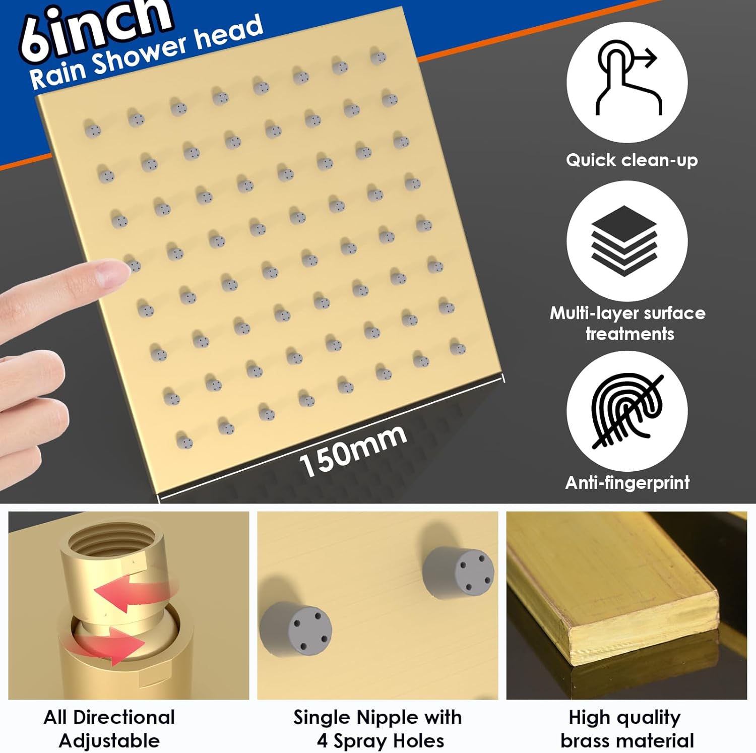 Enga 10 Inch + Dual 6-Inch Rain Shower System, Four Modes Diverter Shower Faucet with Handheld, Luxury Rain Mixer Shower Combo Set, Brushed Gold