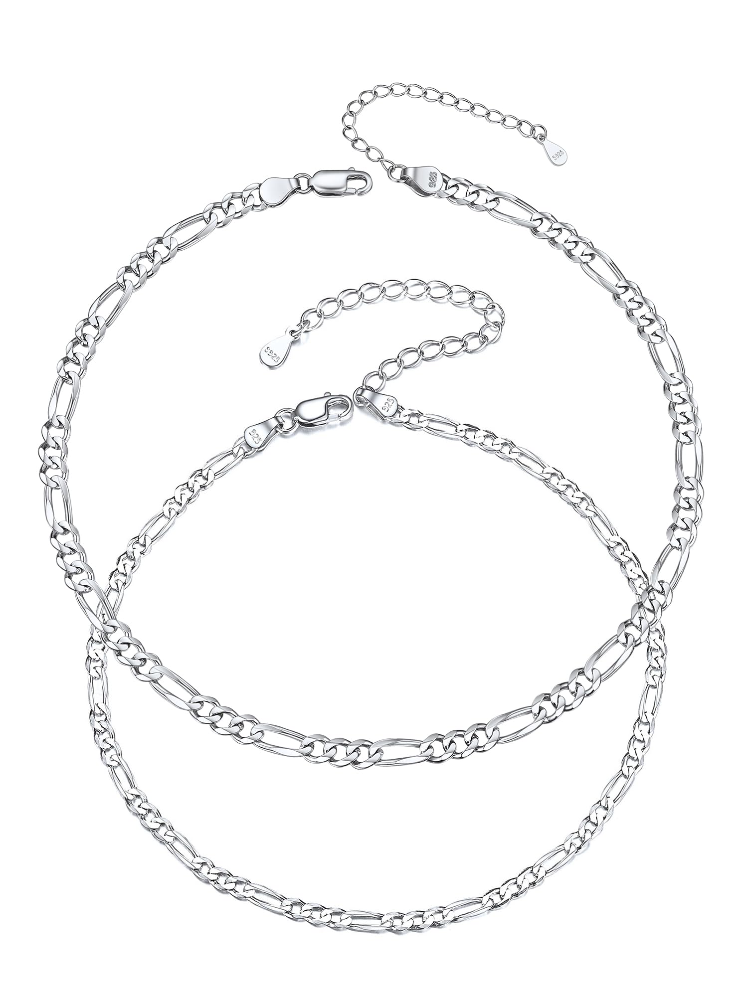 ChicSilver 925 Sterling Silver Figaro Chain Jewelry Set for Women Men, Simple Durable Necklace and Anklet for Beach Party(with Gift Box)