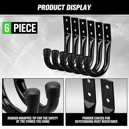 Miniatura 4 de Ganchos de almacenamiento de garaje resistentes, 6 ganchos de bicicleta para pared de garaje, ganchos de garaje utilitarios, gancho en J de montaje