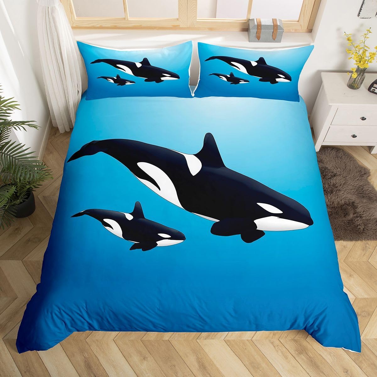 Feelyou Whale Comforter Cover Twin,Kids Duvet Cover Set,Orca Mother & Baby Swimming in The Ocean Theme,Decorative 2 Pieces:1 Bedding Set & 1 Pillow Sham,Blue