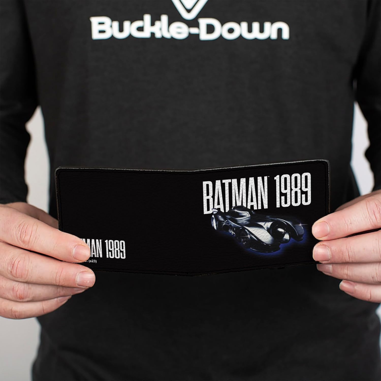 Buckle-Down DC Comics Wallet, Bifold, Batman 1989 Batmobile Text Black White Blue, Vegan Leather - Image 4