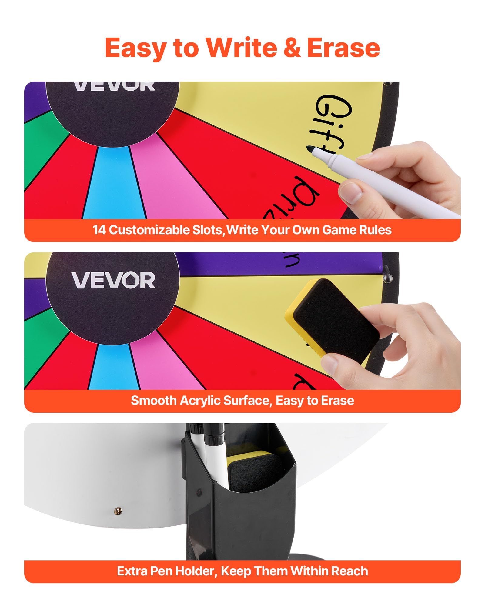 VEVOR Ruota dei Premi Girevole da 610 mm, Ruota Girevole a 14 Slot con Supporto, Altezza Regolabile, Roulette Win Fortune con Cancellabile a Secco e 2 Pennarelli, 6 Colori, per Feste, Pub, Carnevale
