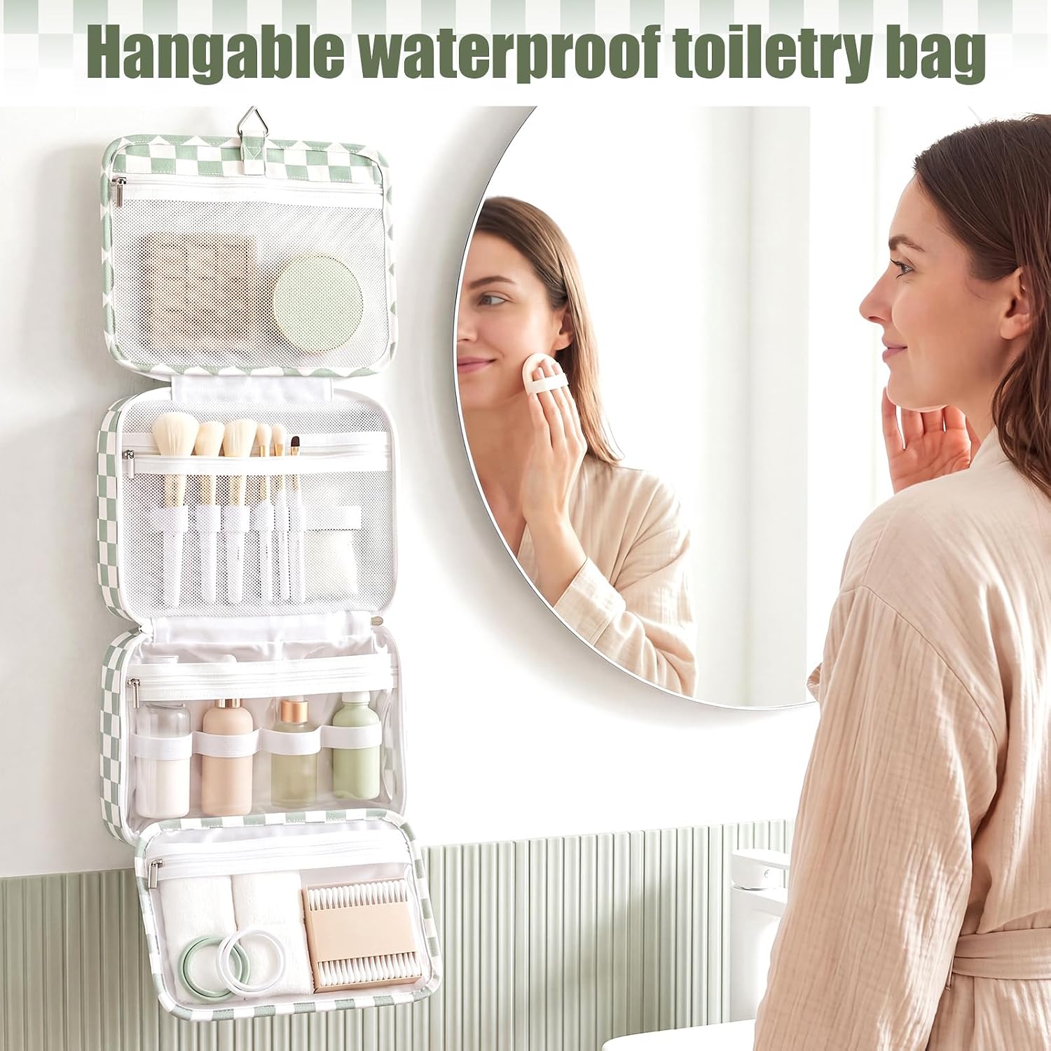 Gilprop Large Hanging Travel Toiletry Bag for Women, Green Checkerboard image 4