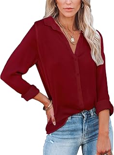 Diosun Womens Button Down V Neck Shirts Long/Short Sleeve Office Casual Business Plain Blouses Tops