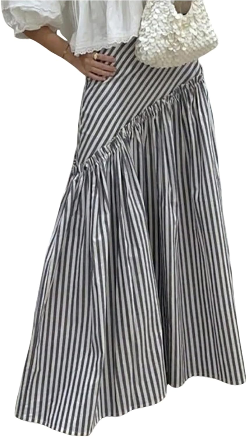 SOLY HUX Women's Striped Maxi Skirt Frill Ruffle A Line Flowy Casual Long Skirts