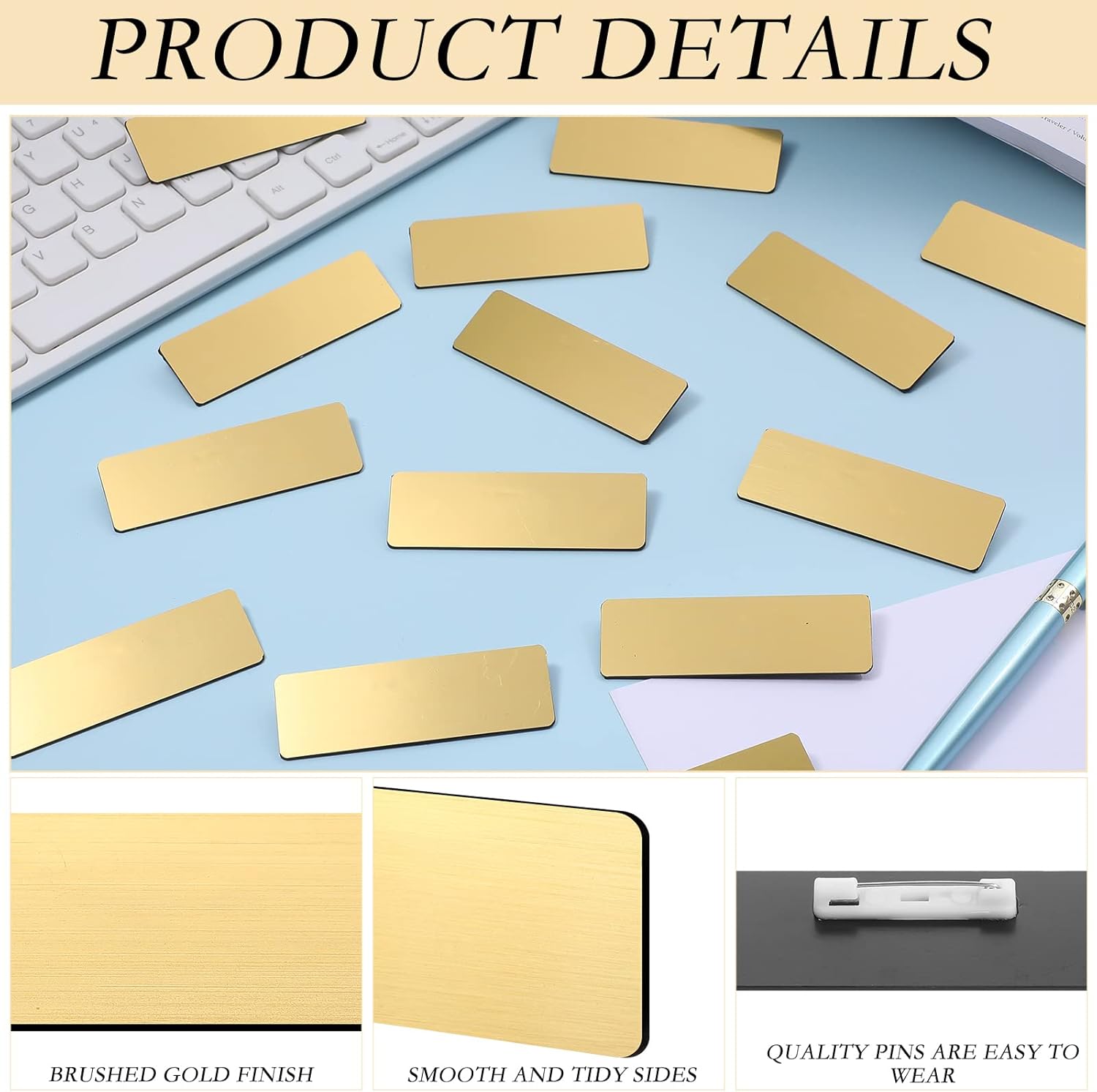 Geosar 50 Pcs Name Tag Badge Blanks Brushed Round Corners Pin DIY Blank ID Name Badge for Office Workers Students(1 x 3 Inches,Gold) - Image 3