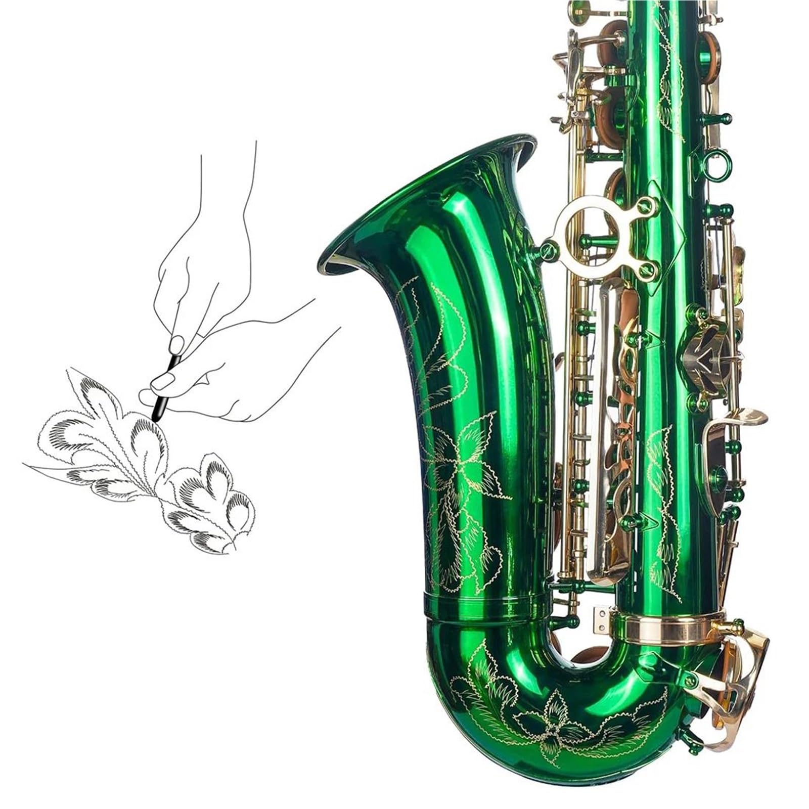 Saxophone Ensemble de saxophone alto vert en mi tige pour débutants comprenant un étui un chiffon de nettoyage des gants une sangle de cou et d'autres accessoires