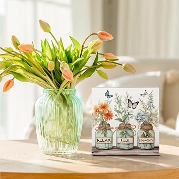 Rustic Farmhouse Botanical Butterfly Desk Decor Spring Cute Wood Box Sign Home Office Desk Small Bathroom Shelf Cubicle Decor Room Decorations 5 X 5 Inch