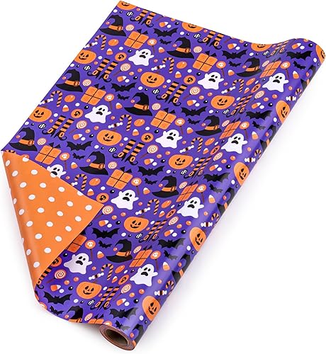 Miniatura 7 de RUSPEPA Rollo de papel de regalo reversible, mini rollo, diseño de calabaza, sombrero de bruja, murciélago y fantasma, ideal para Halloween, fiesta,