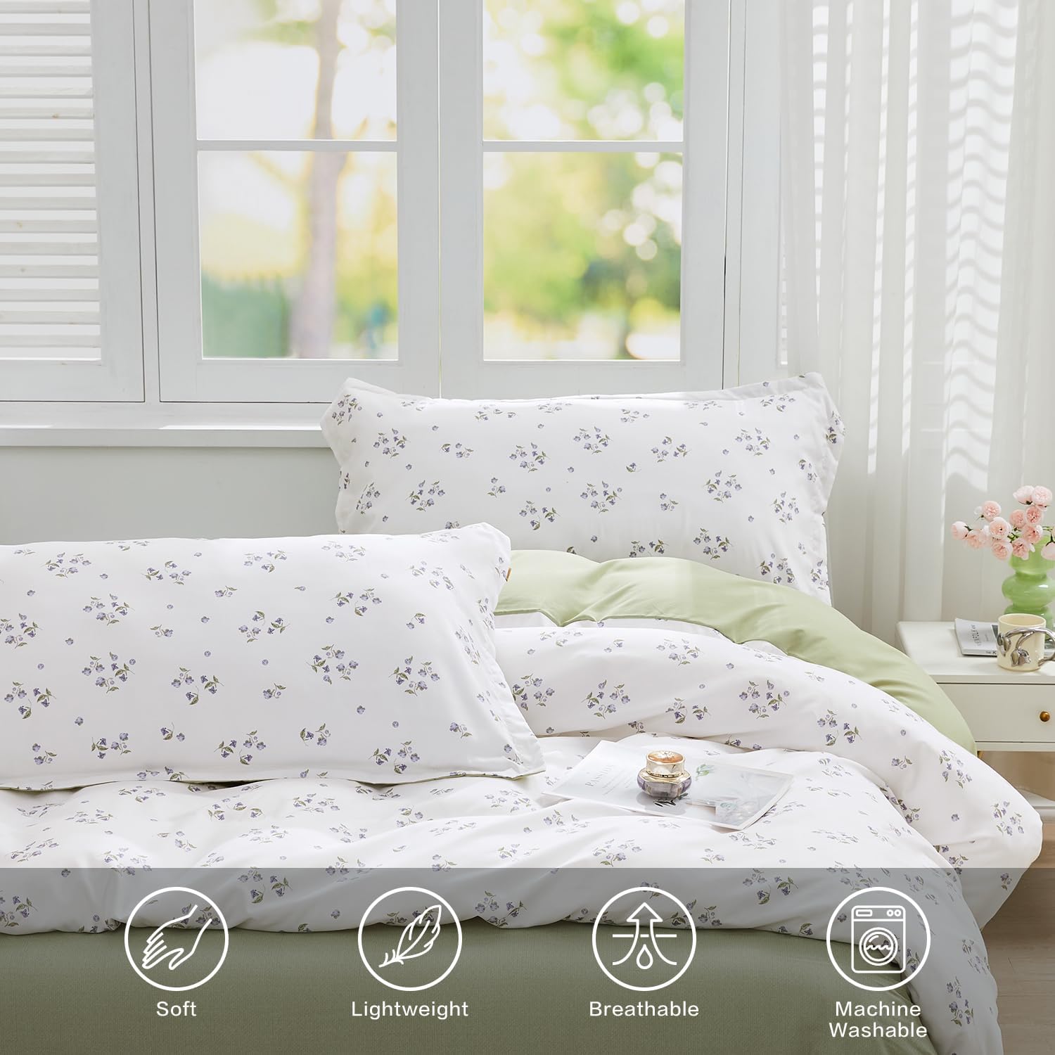 SAPHREAS Queen Duvet Covers White Cute Floral Bedding Set with 8 Corner Ties and 2 Pillow Shams Microfiber Reversible Duvet Cover Set with Zipper Closure，Green