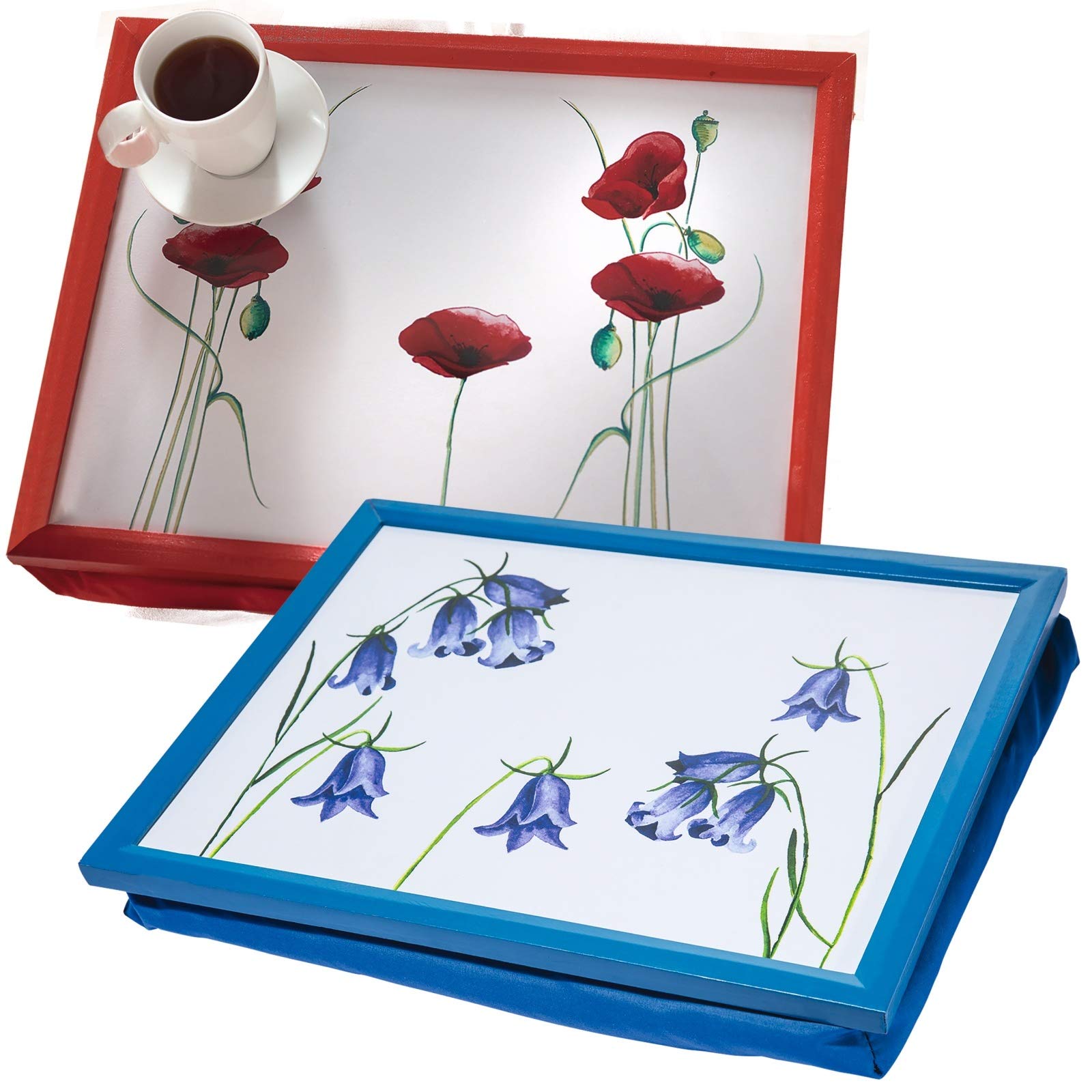 2x Cushioned Lap Trays Bean Bag Cushion TV Dinner Floral Flower Poppy Bluebell Laptop Holder Rest