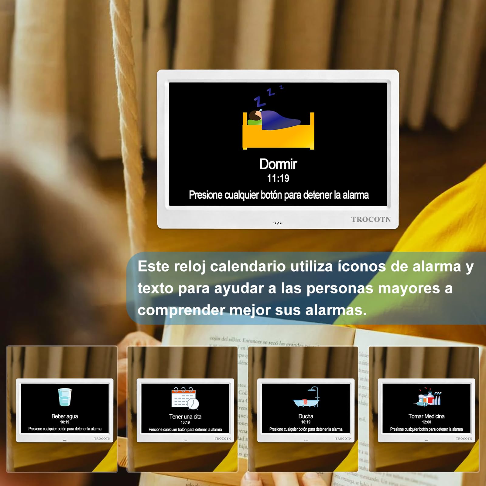 TROCOTN Reloj Digital Grande para Personas Mayores - Calendario Con Alarmas Personalizadas, de Pared Con Día y Fecha, Despertador, de Escritorio (10 Pulgadas, Blanco)