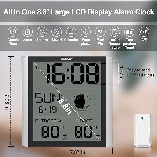 Miniatura 3 de Geevon Reloj de pared atómico con luz de fondo, reloj atómico digital de ajuste automático con temperatura interior y exterior, calendario, fase