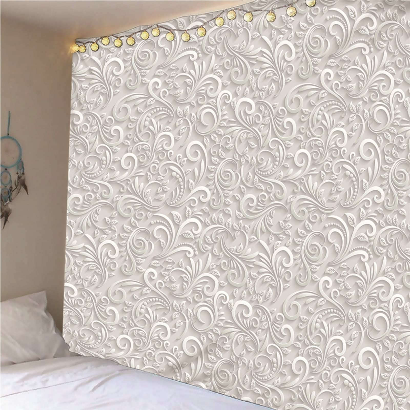 Tapiz Tela Pared Grande, Decoración Casa Pared Patrón de Filigrana de Estilo Europeo Poliéster Blanco 300x260CM