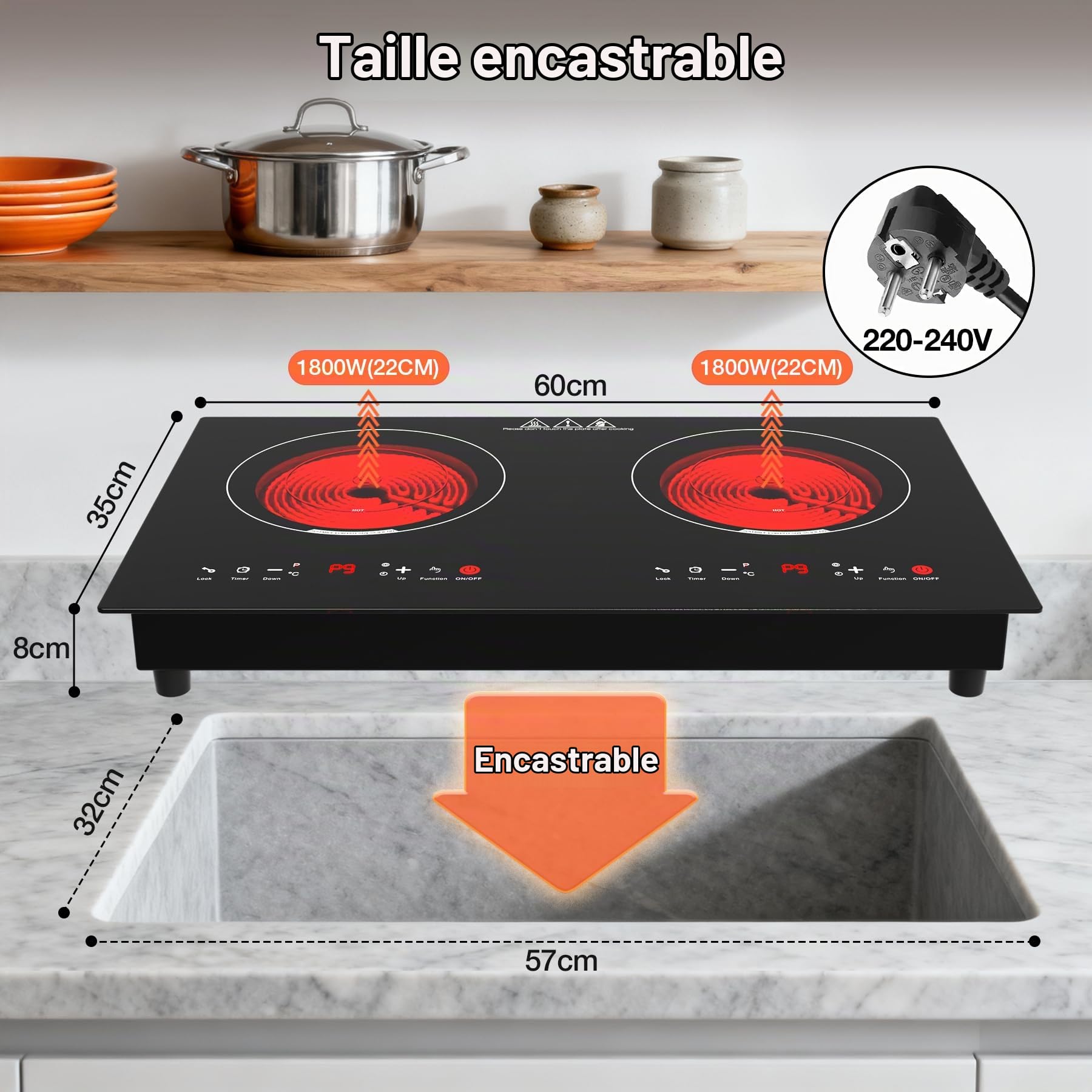 Plaque Vitrocéramique 2 Feux 3600W, Plaque de Cuisson Électrique 60cm