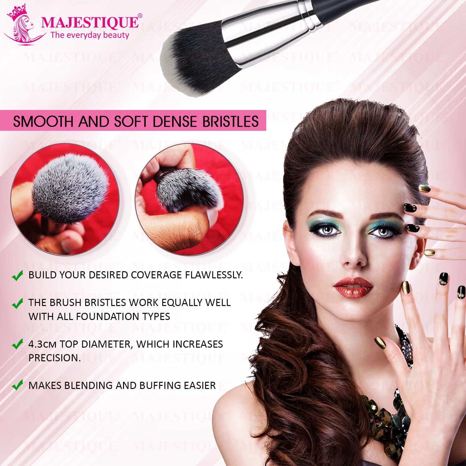 Majestique Makeup Powder Brush for Women Girls – Soft Dense Synthetic Bristles for Blending, Contouring & Buffing | For Liquid, Cream & Powder Makeup | Vegan & Cruelty-Free – Black Silver 2