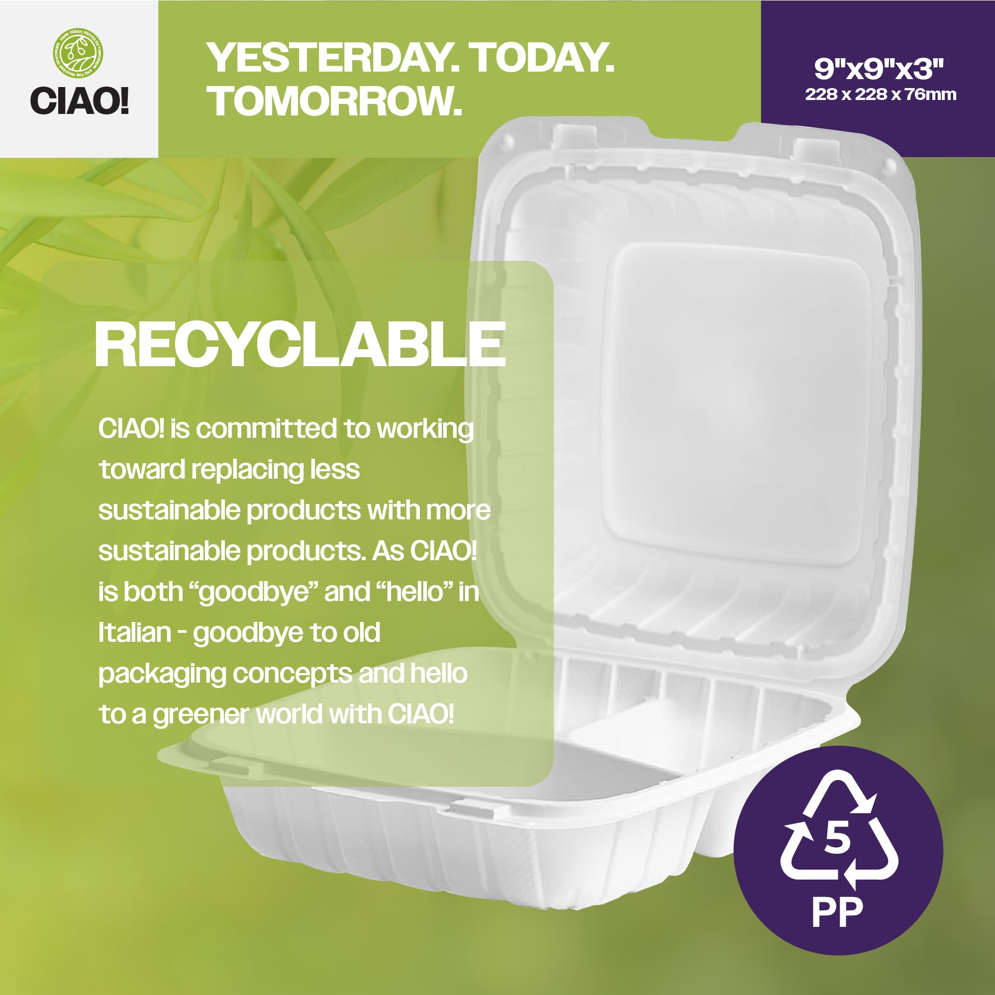 CIAO! Contenedor MFPP blanco con bisagras de 9 x 9 x 3 pulgadas con tapa, 3 compartimentos (caja de 150)