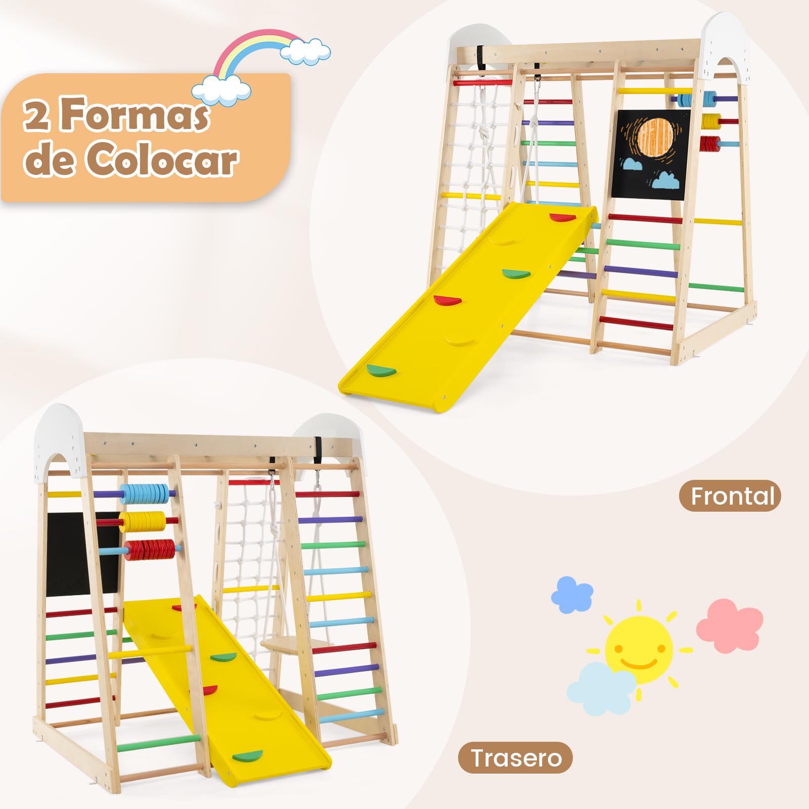 COSTWAY Set Escalada 7 en 1 para Niños,Escaldada de Madera con Rocas de Escalar y Escalera, Red de Escalada, Barra Horizontal, Centro Actividad de Interior para Niños 3+ Años (Multicolor)