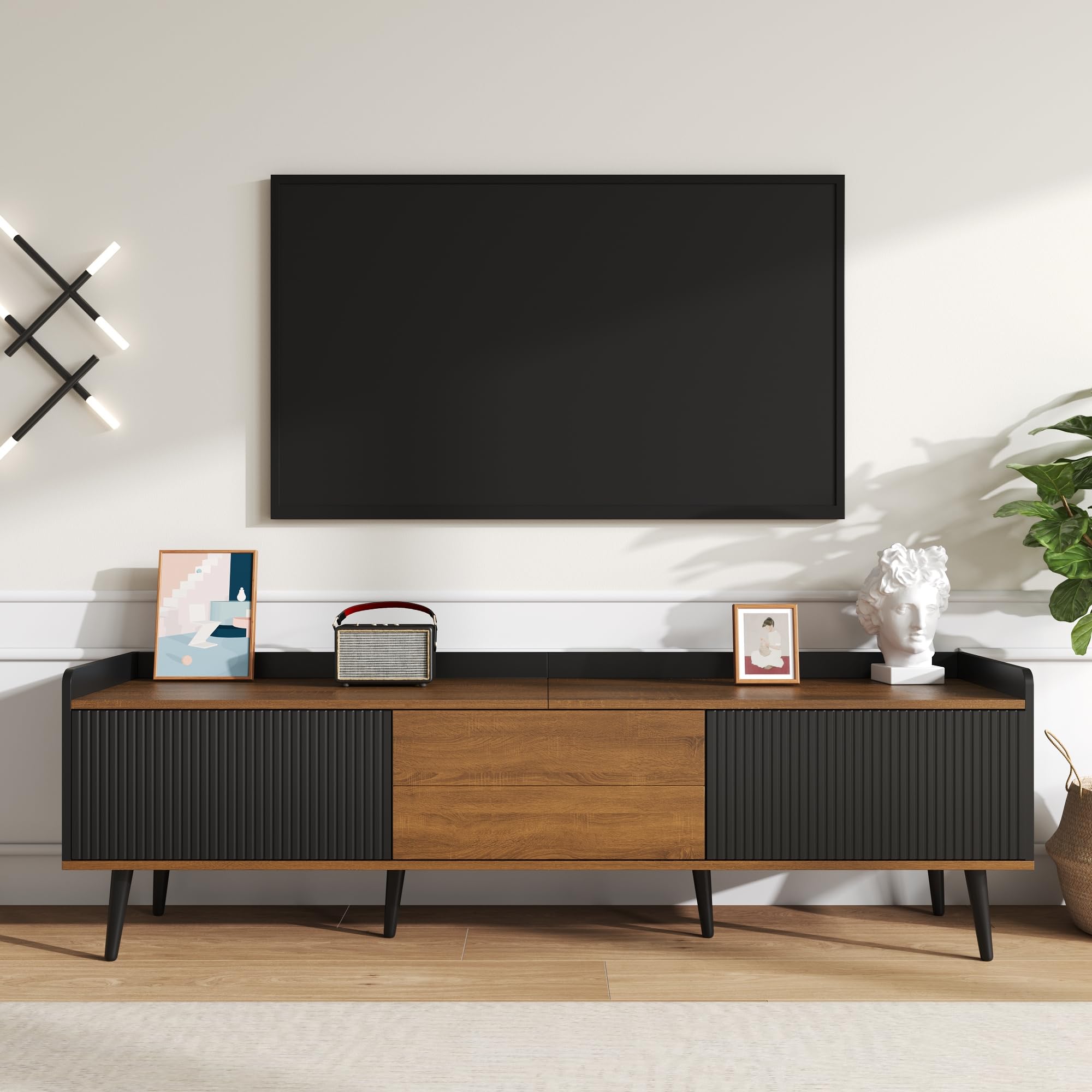Modern TV Unit with 3 Contrasting Doors, Stylish and Elegant TV Stand Cabinet with Solid Wood Legs, Entertainment Center Media Console, Black and Natural Wood Finish, 160 x 39 x 49.5 cm