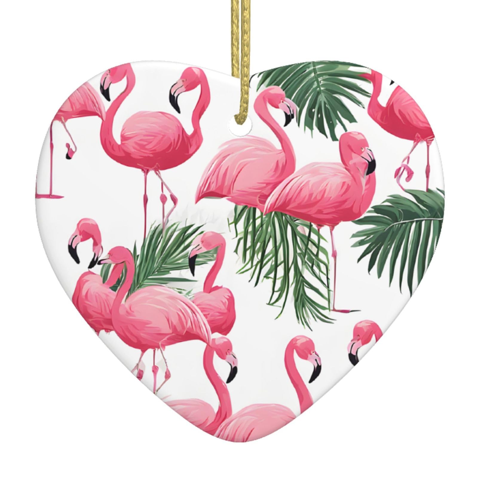 (Flamingo Flowers) Christmas Tree Ceramic Hanging Heart Bauble Ornaments Festive Xmas Pendant Decorations For Party Home Decor